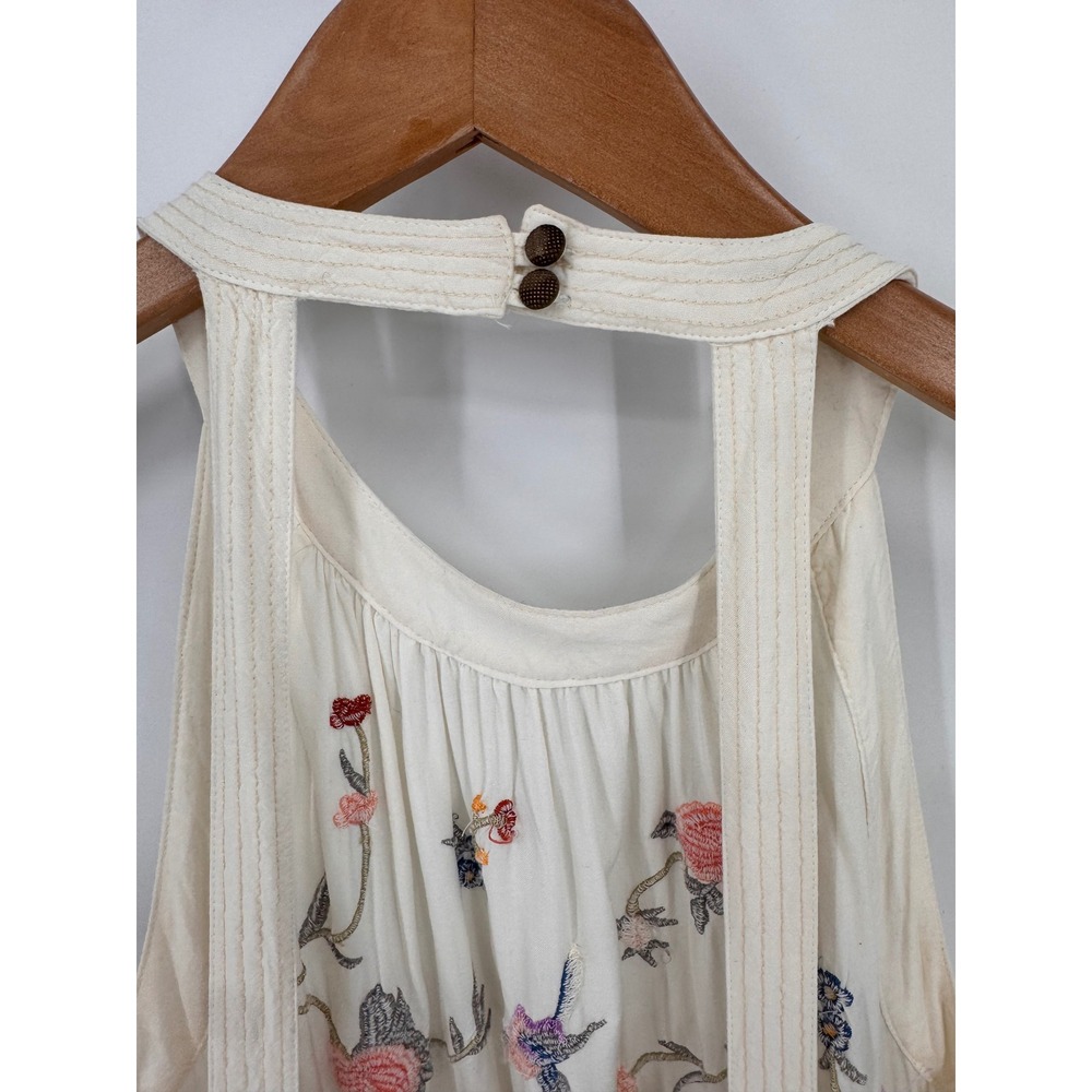 Anthropologie Halter Top Women Size 8 Ivory Embroidered Fringe Boho Bird - Picture 11 of 14